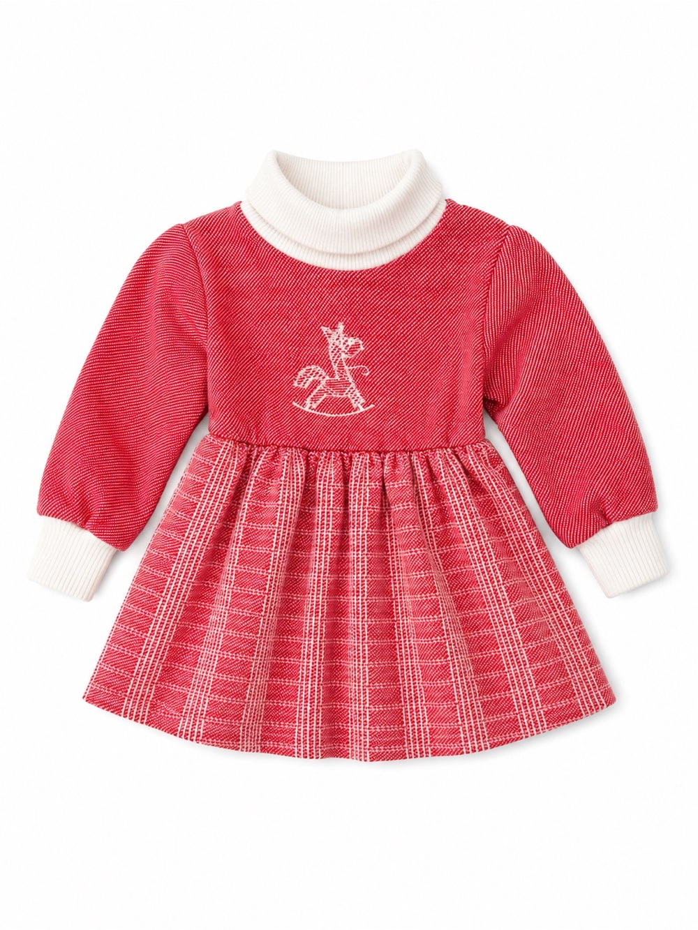 Health-tex Vintage 70s Embroidered Rocking Horse Red Knit Sweater Dress